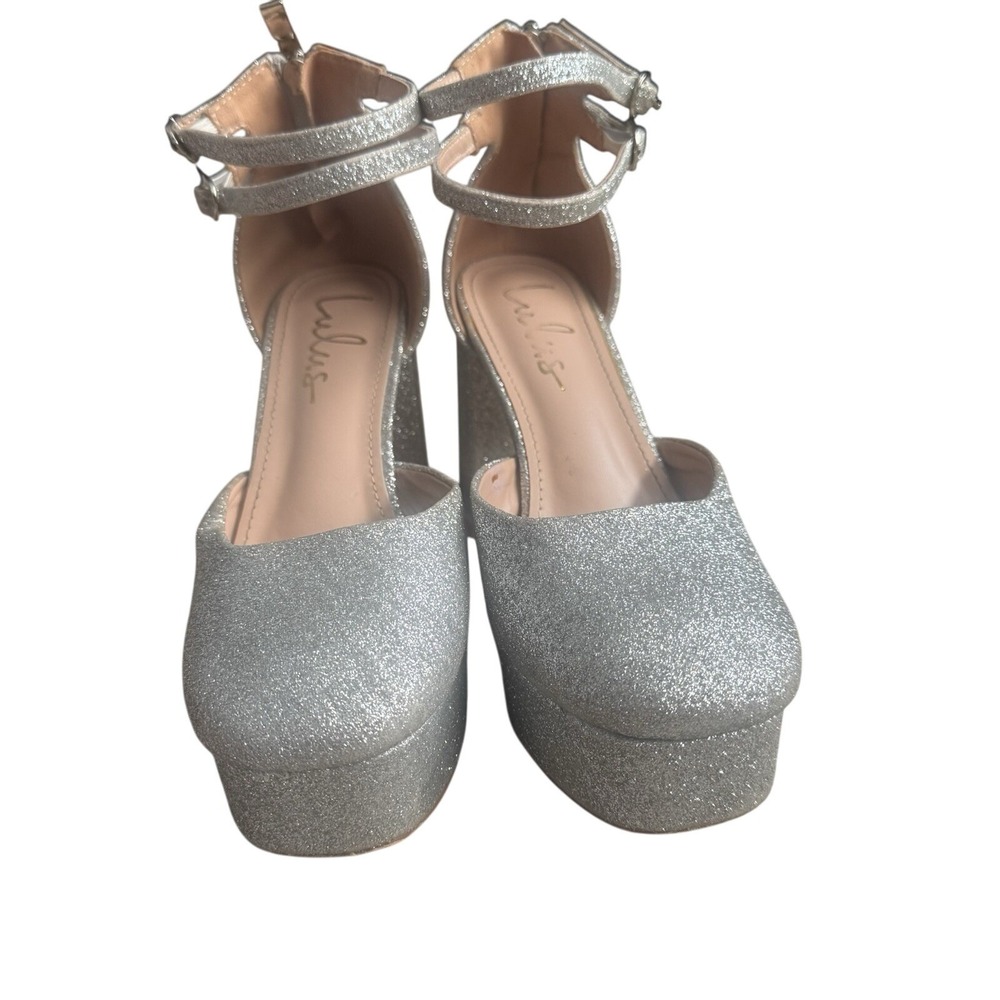 Lulus Silver Glitter Platform Heels Ankle Strap Chunky Block Heel Shoes - Picture 6 of 7